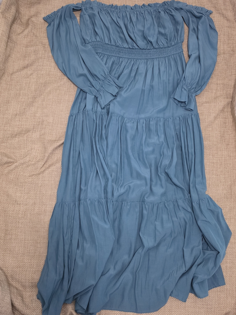 Off-Shoulder Tiered Maxi Dress in Dusty Blue/teal